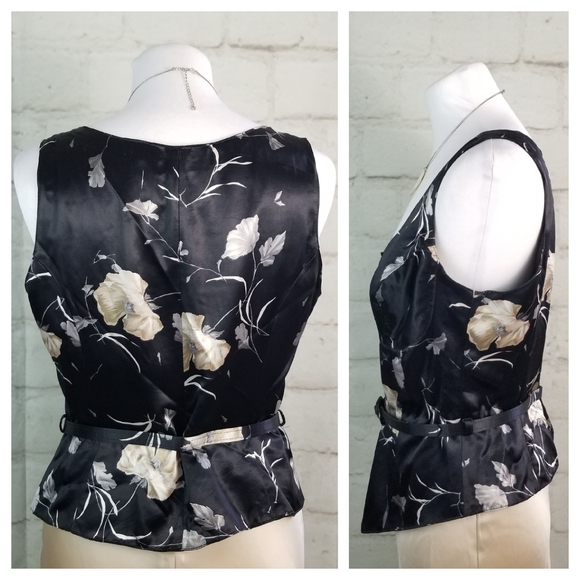 Vtg Dalmys 9 Black Floral Satin Belted Vest Top - Picture 4 of 6